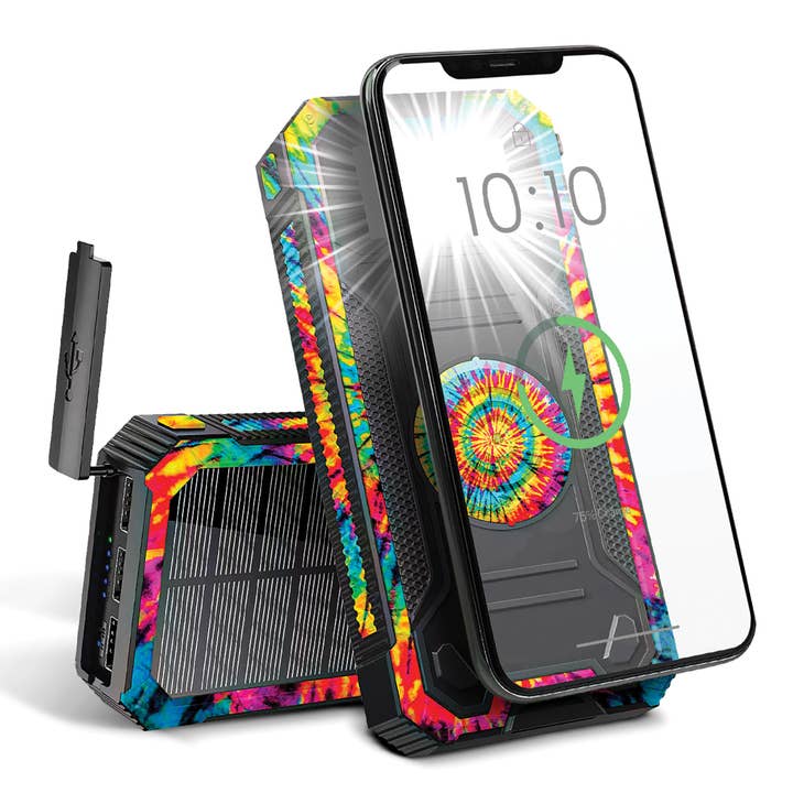 PhunkeeTree - Wholesale Portable charger - Tie Dye - Solar Wireless Charging Power Bank w/ Flashlight