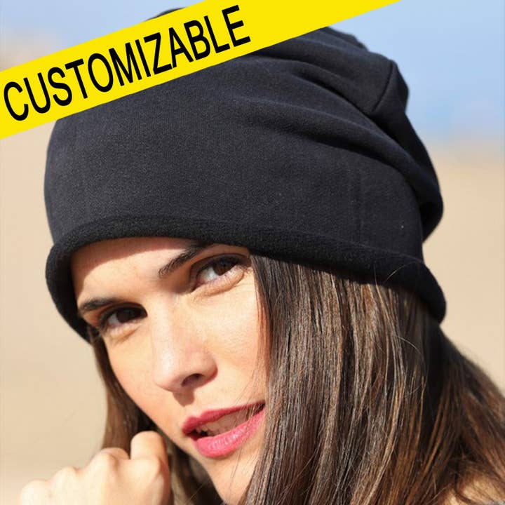 405 Super Soft Black Beanie. Sweatshirt Fabric, Customizable for wholesale by Purple Sardine