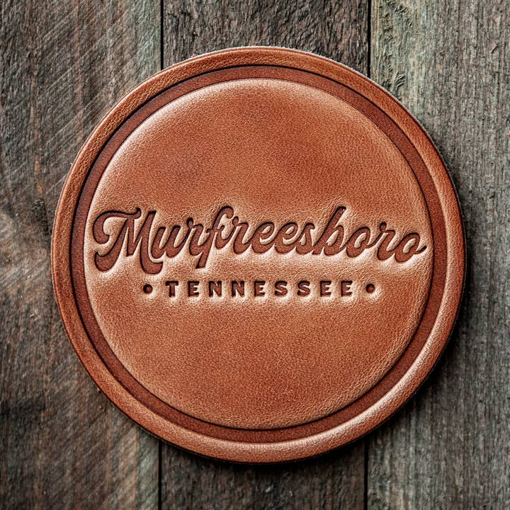 Murfreesboro Tennessee Script Leather Coaster for wholesale by Sugarhouse Leather