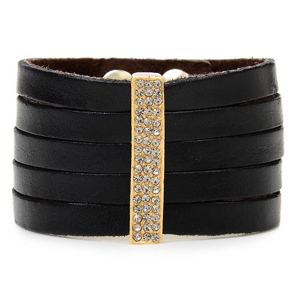 Pave Crystal Bar Lederarmband mit goldener Oberfläche für den Großhandel von Rebel Designs Accessories