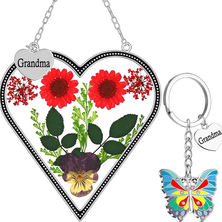 Longshinnning - Vendita all'ingrosso Acchiappasole - Set regalo con acchiappasole a forma di cuore con fiori veri e portachiavi 'Ti amo'.