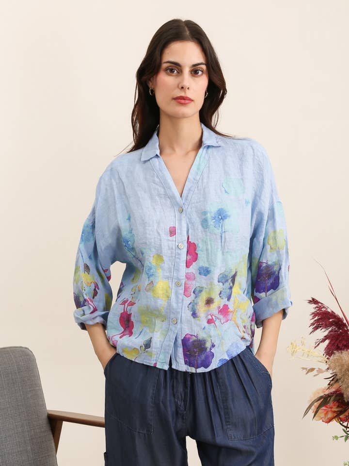 la maison des fibres naturelles - Wholesale Varsity/Baseball Jacket - Women's - Floral print blouse 20984 100% linen