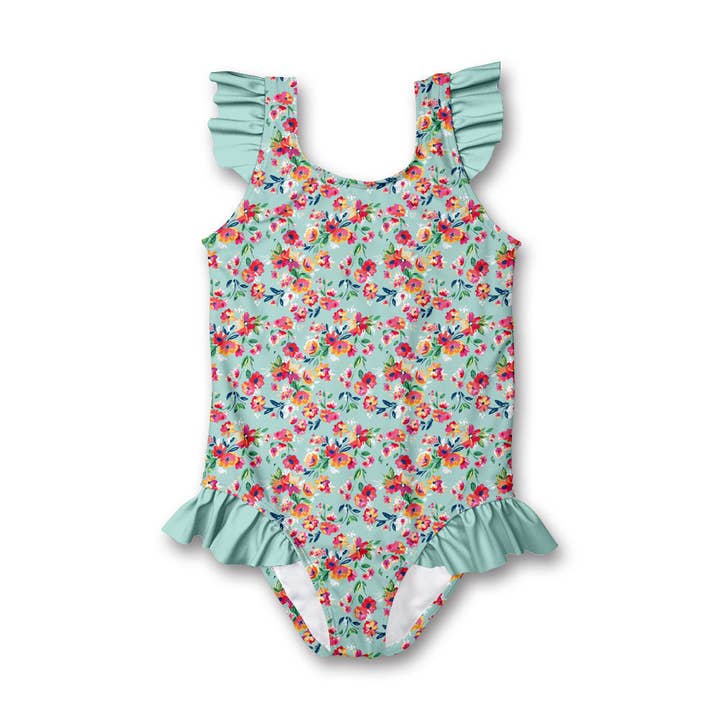 Kids Mint Flowering Ruffle-Accent One-Piece for wholesale by Millie Loves Lily