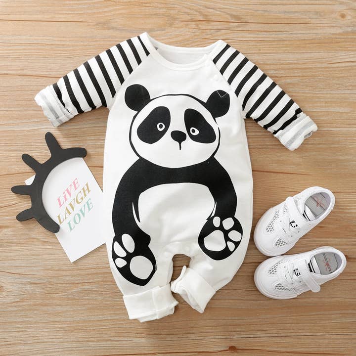 White Baby Panda Striped Jumpsuit for wholesale on Faire