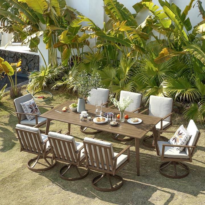 Teak Nine Piece Outdoor Patio Dining Set with Swivel Chairs for wholesale on Faire1