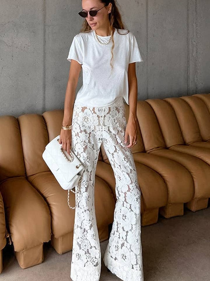 WHITE CWBLP1938_JACQUARD LACE FLORAL HOLLOW FLARE PANTS for wholesale on Faire2