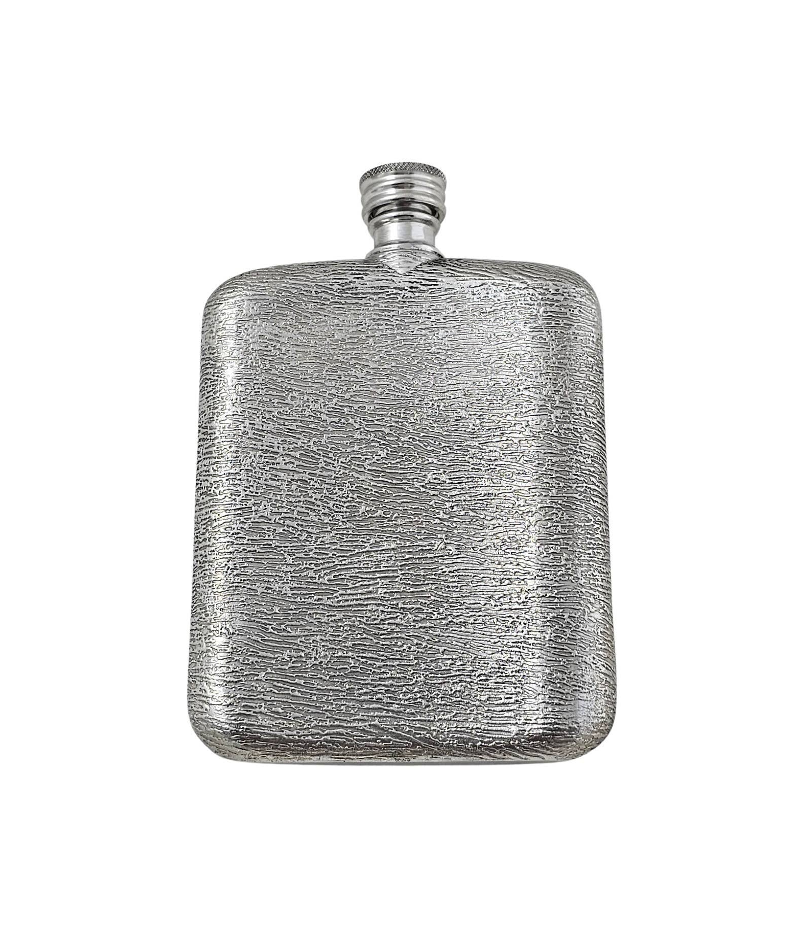 Corbell Silver - Wholesale Flask - Bark Design Flask With Cartouche 6oz Pewter Boxed With Pouch. SKU #: C1739.1