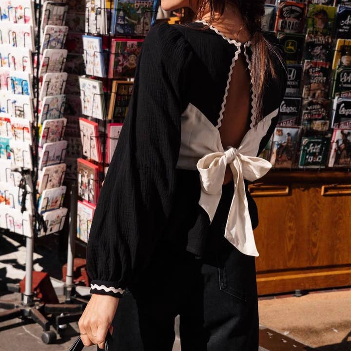 Damen Langarmshirt Rückenfrei Schleife Spitzenbesatz Bluse für den Großhandel von Plush Looks