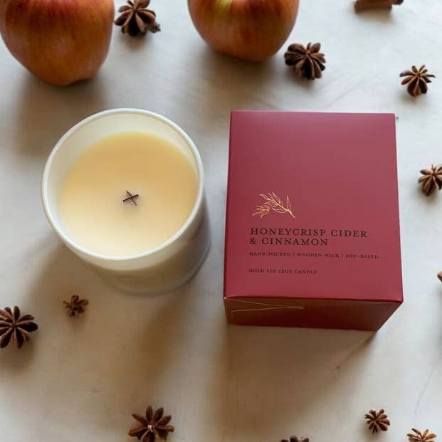 Honeycrisp Cider & Cinnamon l Gold Lid Candle & Boutique Box for wholesale by Woodsy Homelife
