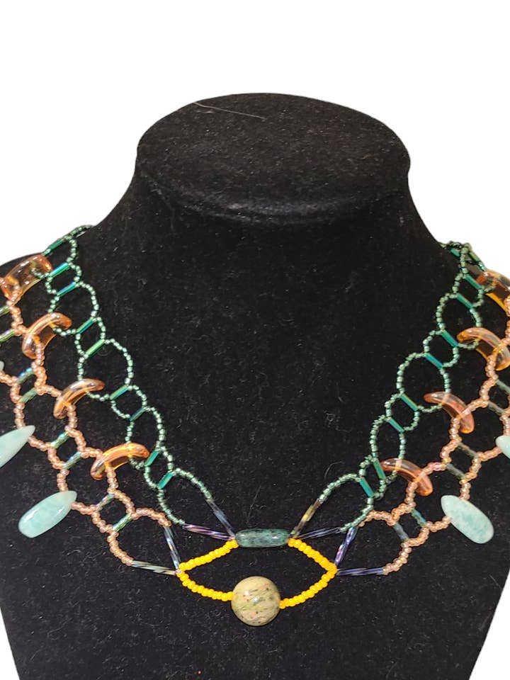 Amazonite and Unakite Burnished Collar Necklace for wholesale by Tsuga Beadwork
