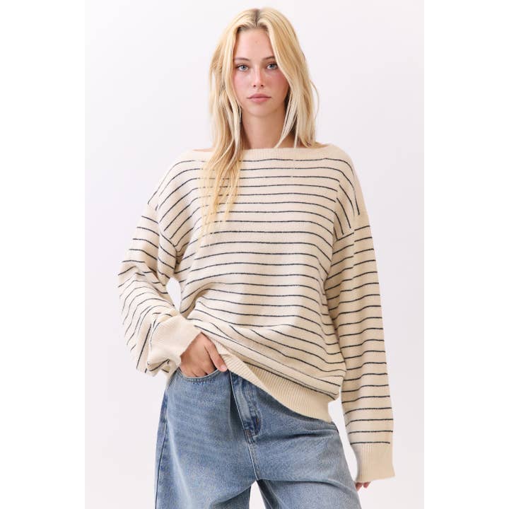 Gestreepte Boothals Gebreide Trui voor wholesale door Honey Mango