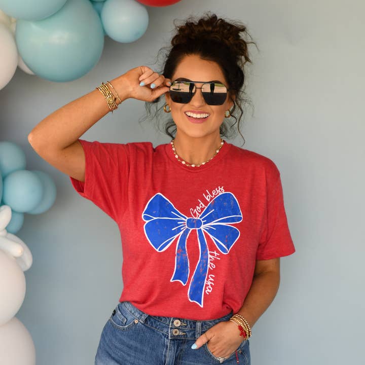Heather Red RTS God Bless The USA Bow Tee for wholesale on Faire