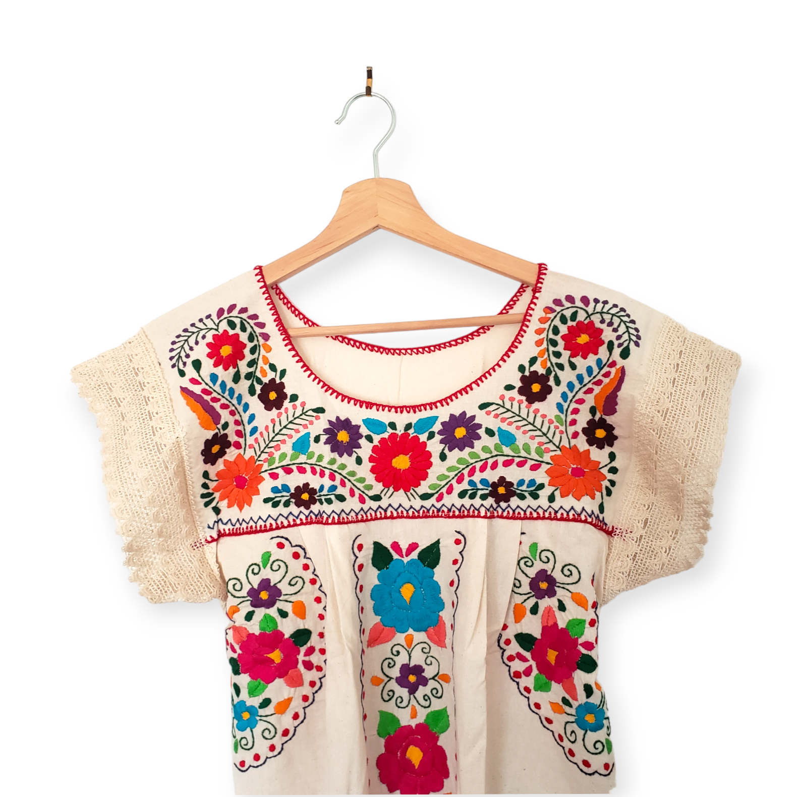 The Little Pueblo - Wholesale Blouse - Dames - Traditionele Mexicaanse geborduurde blouse met bloemen, handgemaakt, beige gypsy hippie etnische boho stijl uit Oaxaca2