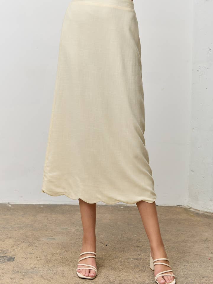 Linen-Look Scalloped Hem Midi Skirt for wholesale by Polagram by Wellmade USA