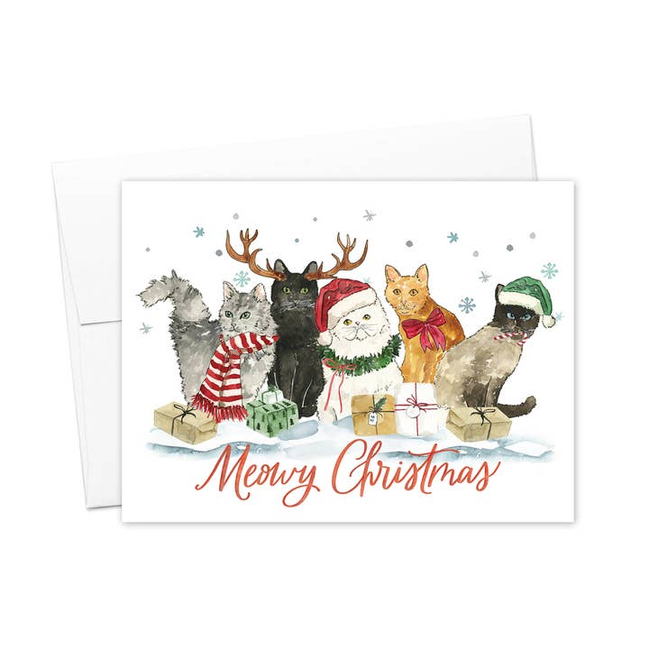 Grußkarte mit Weihnachtsmotiv „Meowy Christmas“, Weihnachtsmotiv für den Großhandel von KelseyMDesigns