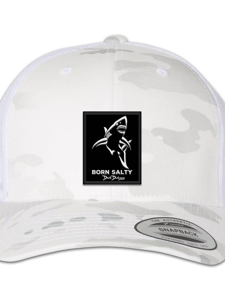 Born Salty Shark Deco 6 Panel Trucker Snapback Hat Multicam Alpine White for wholesale by David Dunleavy