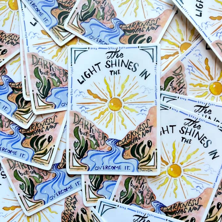 True Cotton - Wholesale Sticker - Boho Christian Scripture Sticker - John 1:5 sun mountains True Cotton
