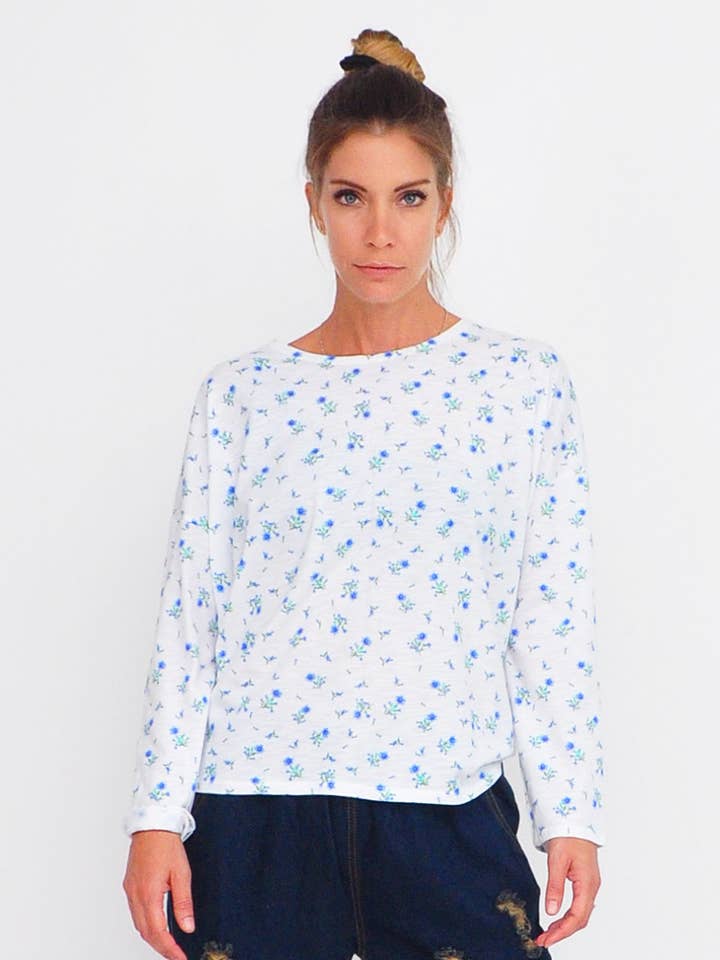 Floral white and blue blouse for wholesale by Kalimera Clothing Athens