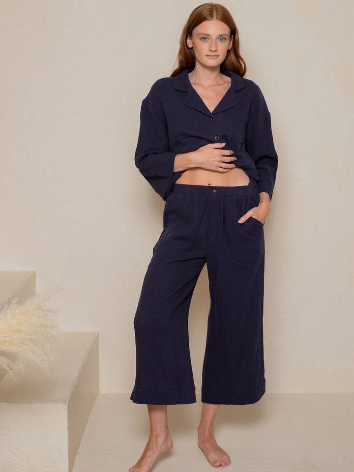 CRINKLED COTTON GAUZE RELAXED HIGH WAISTED CAPRI for wholesale by LATTELOVE