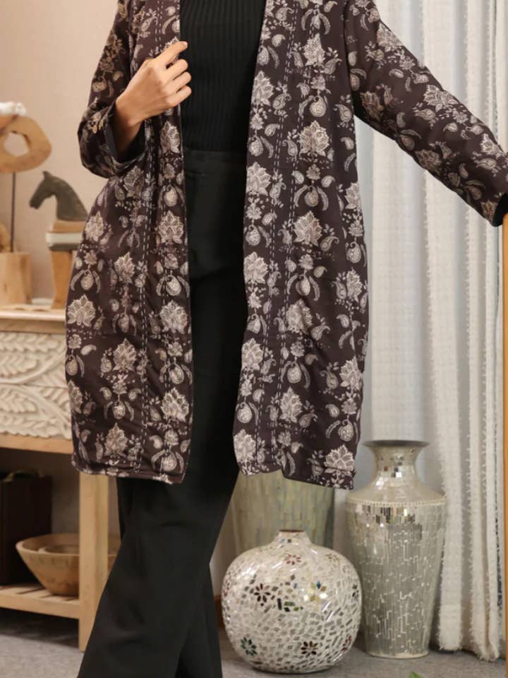 Black Floral Quilted Coat for wholesale by AMRANIS