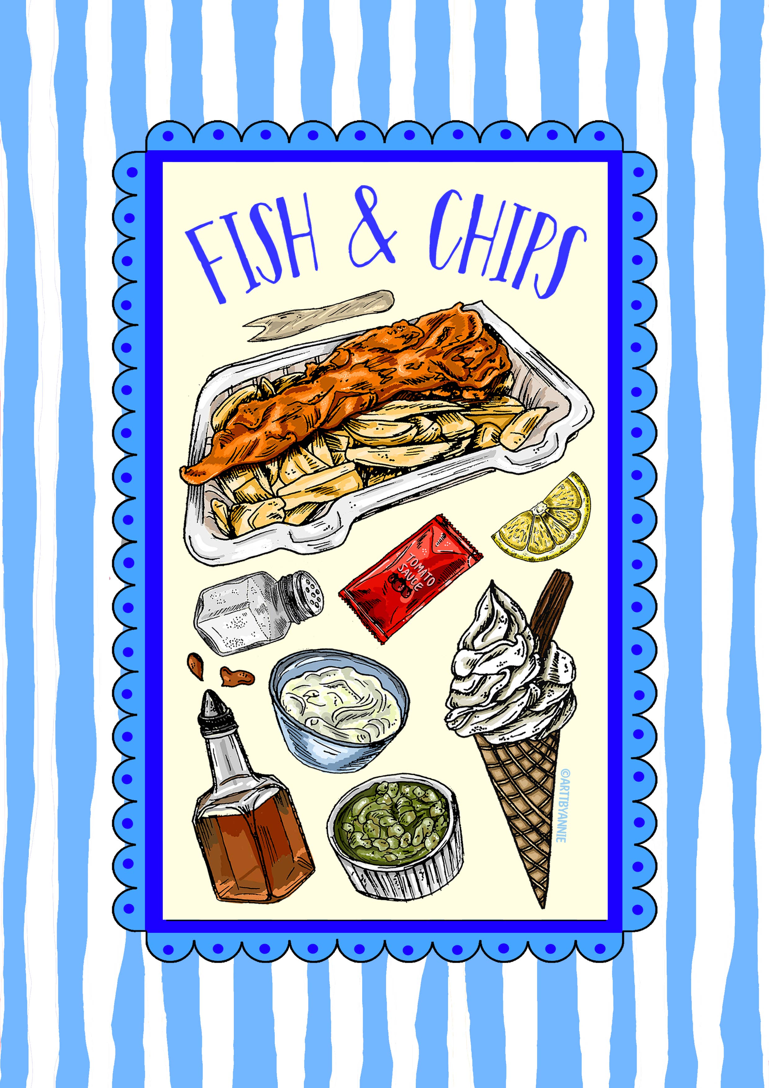 Arttbyannie – Engroshandel Kunsttryk – Illustreret tryk af fish & chips1
