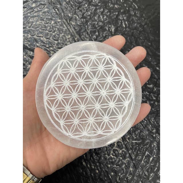10cm Etched Flower Of Life Round Selenite Charging Plate for wholesale by Casablanca Exports