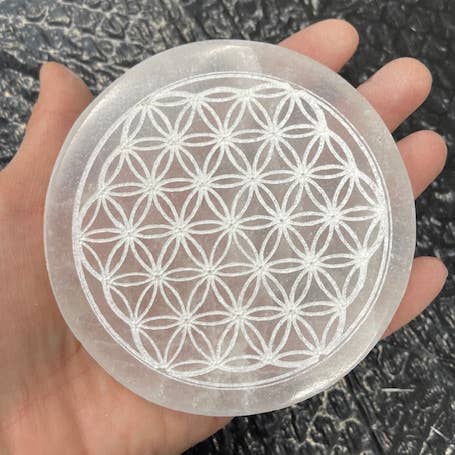 10 cm etsad blomma av liv rund selenit laddningsplatta för wholesale av Casablanca Exports