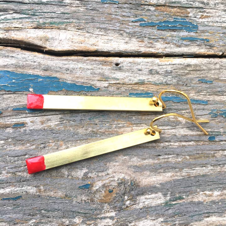 Red Truck Designs - Wholesale Dangle Earrings - "A Perfect Match" Matchstick Earrings Gold Bar Earrings