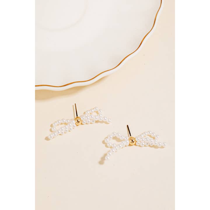 Pearl Beaded Ribbon Bow Stud Earrings for wholesale by The Looks by Fame Accessories