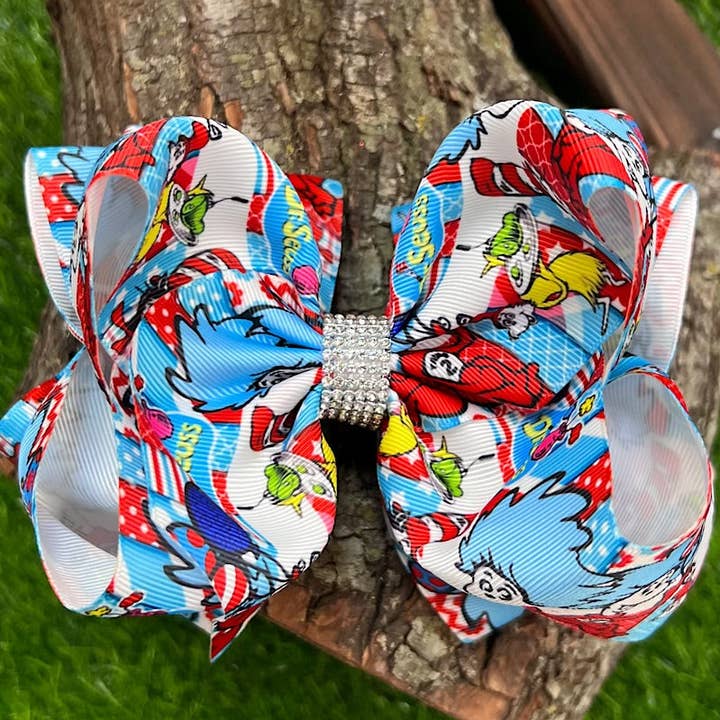MULTI COLOR 1,2 CHARACTER PRINTED DOUBLE LAYER HAIR BOWS. 4PCS/$10.00 BW-DSG-813 for wholesale on Faire0