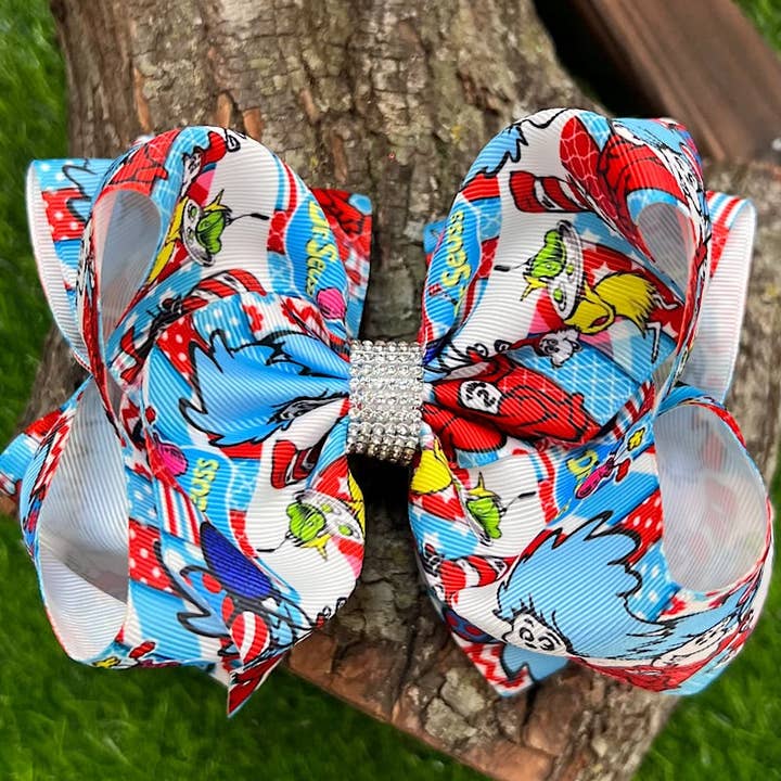 MULTI COLOR 1,2 CHARACTER PRINTED DOUBLE LAYER HAIR BOWS. 4PCS/$10.00 BW-DSG-813 for wholesale on Faire
