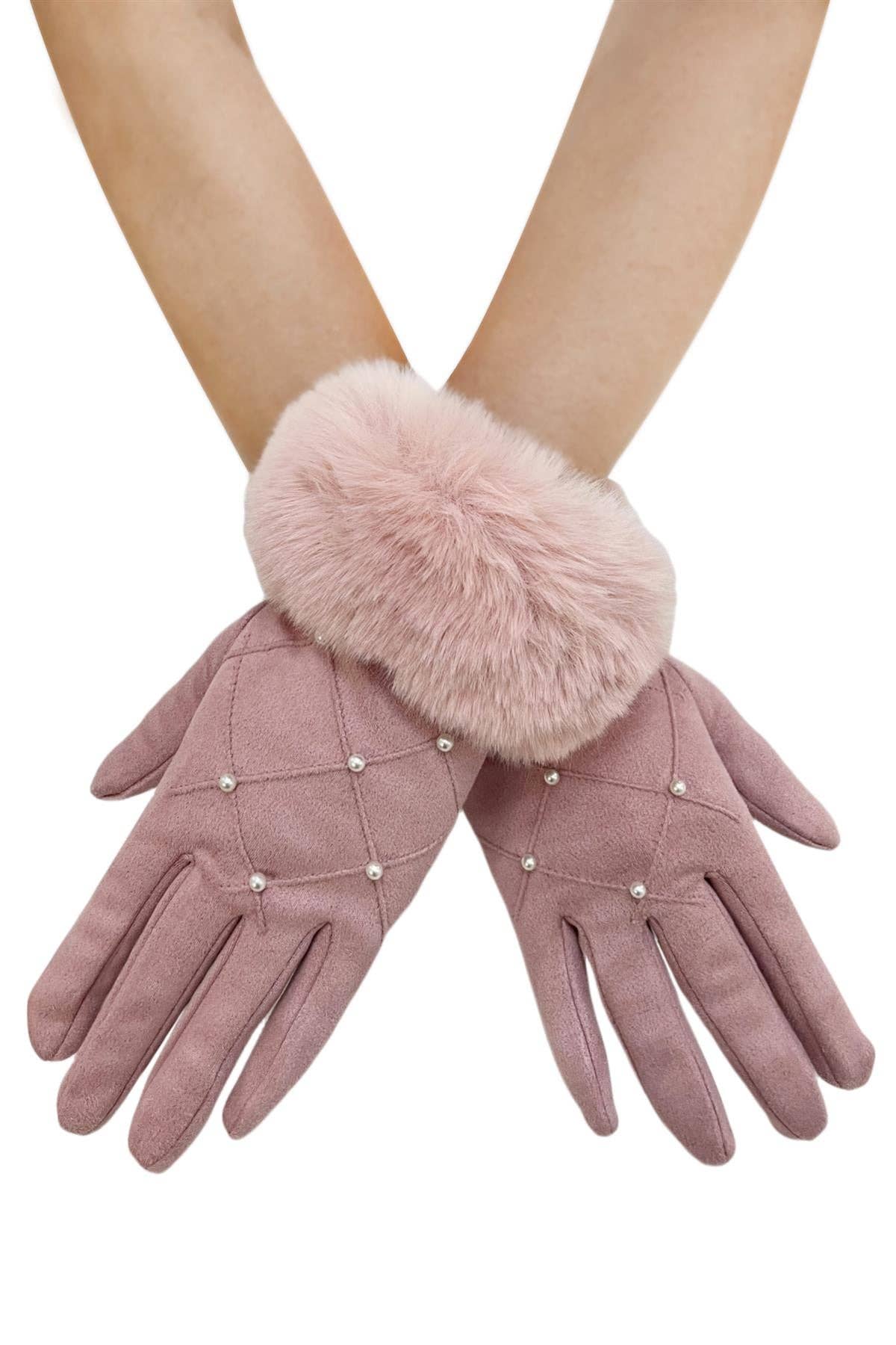 Fashion Scarf World – Großhandel Handschuhe – Damen – Touchscreen-Handschuhe mit Perlenmuster und Kunstpelzbesatz2