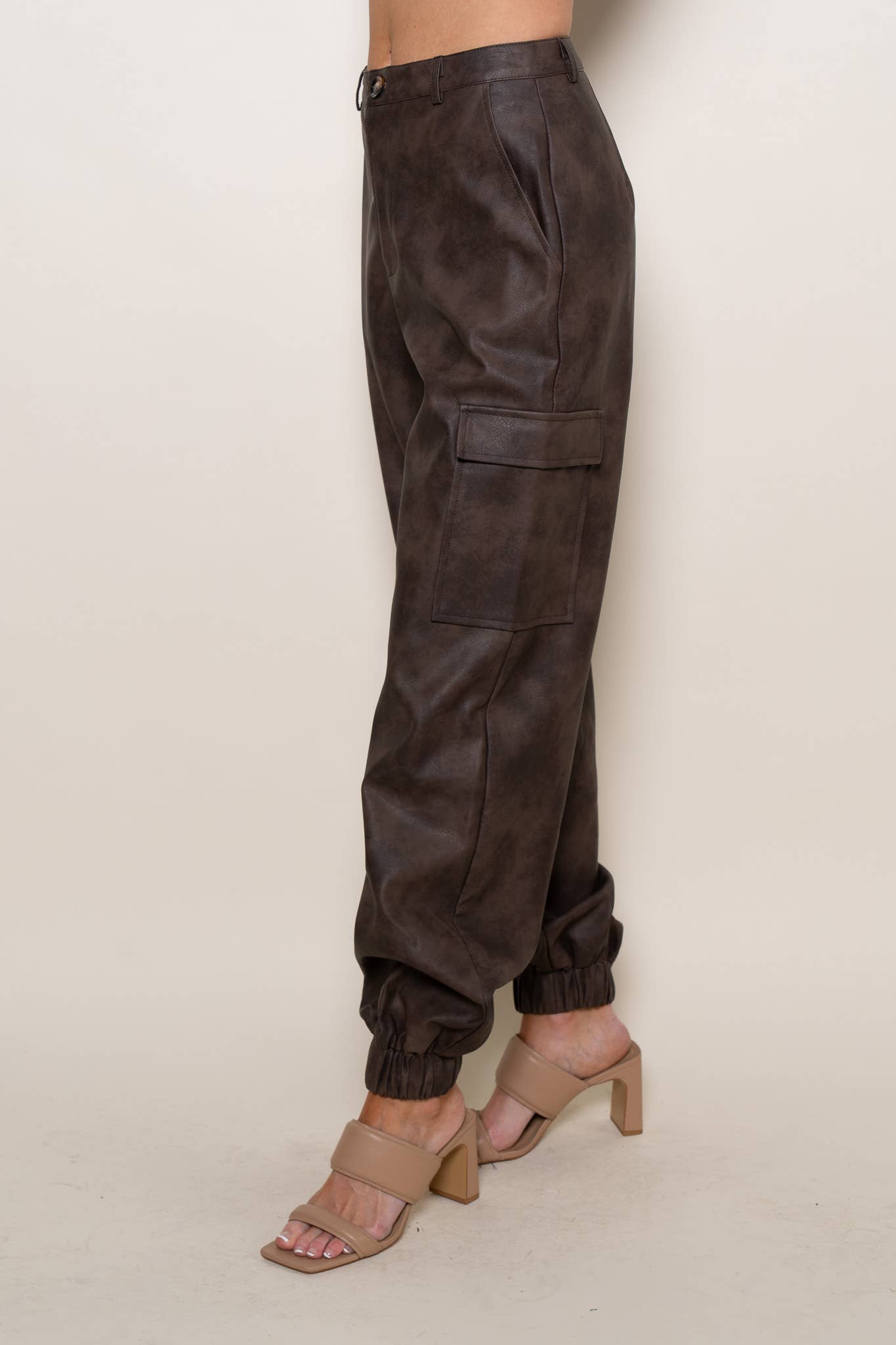 Brown PLEATHER CLASSY CUFFED CARGO JOGGERS-PI6888FO for wholesale on Faire7