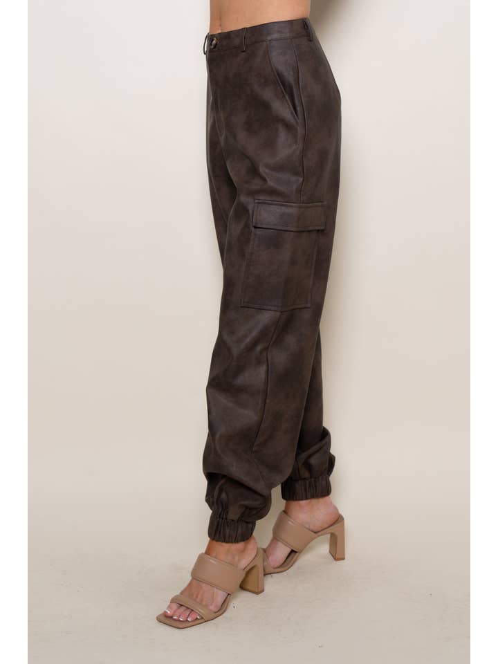 Brown PLEATHER CLASSY CUFFED CARGO JOGGERS-PI6888FO for wholesale on Faire7