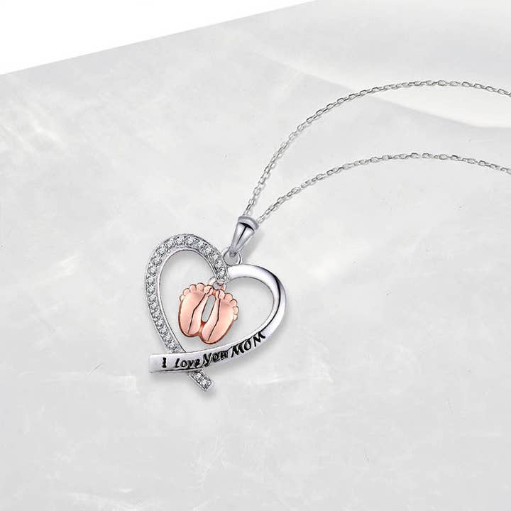 Mother's Day Heart Shape Baby Footprint Pendant Necklace for wholesale on Faire