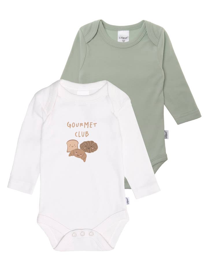 2-pak langærmede bodystockings i sivgrøn og hvid med Gourmet Club print for engroshandel hos Liliput