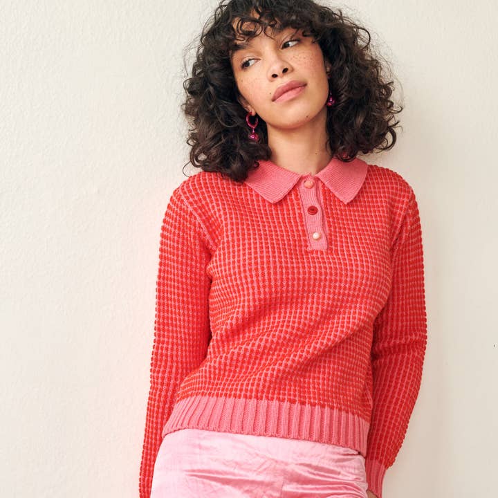 Mismatch Polo Sweater in Pink & Red Stripe for wholesale by GiGi Knitwear