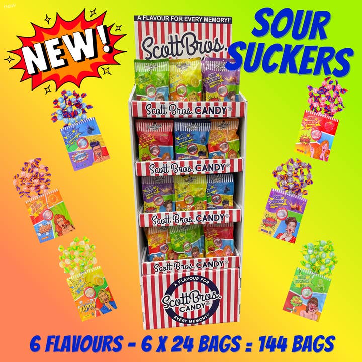 SOUR SUCKERS avec présentoir - 6 saveurs / 144 sachets pour la vente par Scott Bros. CANDY