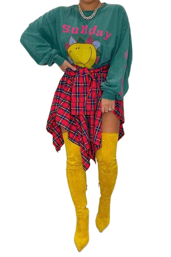 MB Fashion Wholesale - Wholesale Skirt - Women's - MB FASHION High-Waisted Plaid Skirt with Faux Tie 6556T8