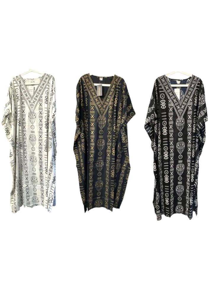 India Batik - Wholesale Kaftan - Women's - Kaftan Dress / Tribal Print -KF02 White1