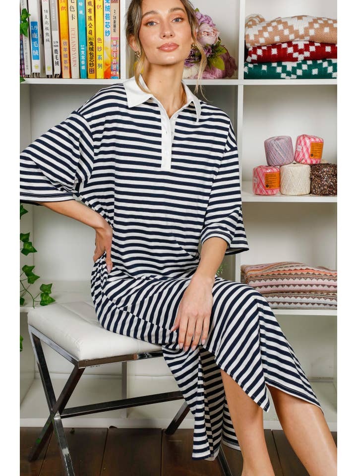 Navy Collared Drop Shoulder Striped Printed Polo Dress VD82307 for wholesale on Faire9