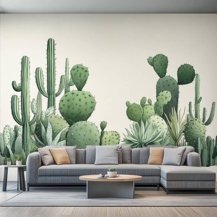 Sticker mural cactus | Sticker mural jardin de cactus aquarelle | Sticker mural plante du désert amovible pour salon ou bureau | Déco bohème pour la vente par Decords