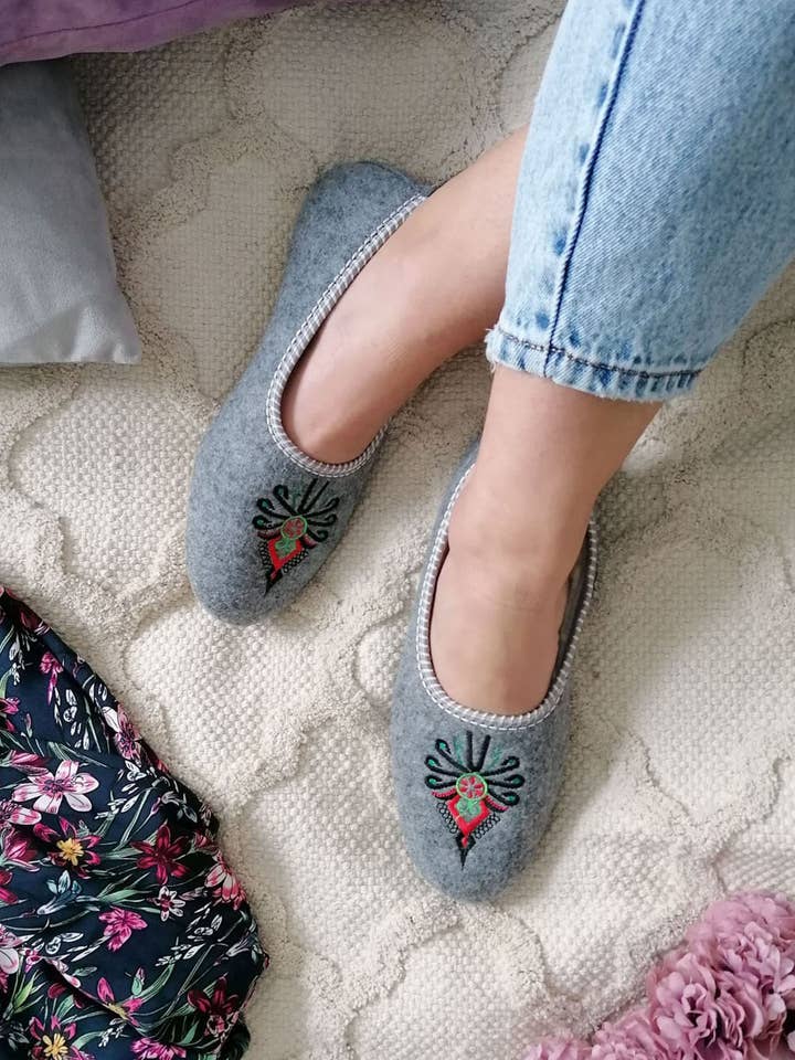 Folk Colourful Embroidered Grey Indoor Ballerina Slippers for wholesale by HomieeStudio