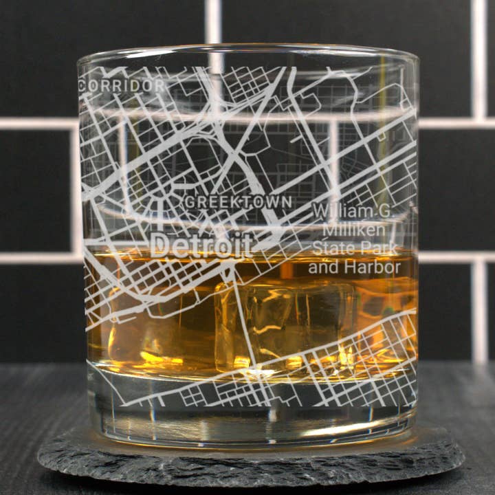 Detroit MI - Street Map - Engraved Whiskey Glass for wholesale by Blue Ridge Mountain Gifts