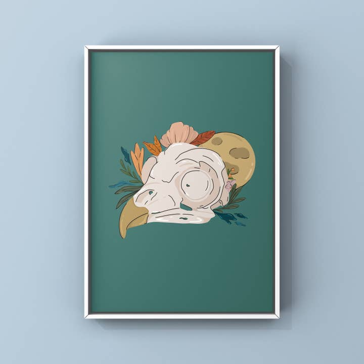 Owl Skull Gothic Art Print with Floral & Mystical Motifs for wholesale by EscDesignsUK