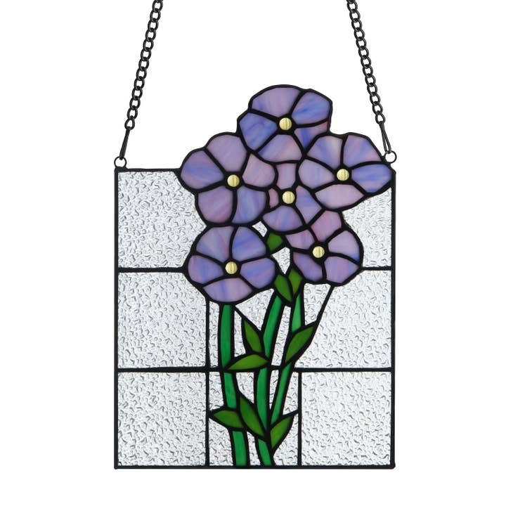 River of Goods - Wholesale Suncatcher - 10"H Forget Me Not Purple Flowers Stained Glass Window Panel