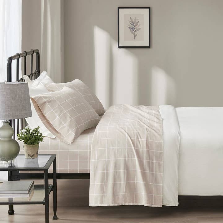 Flannel 4-Piece Sheet Set, Windowpanel Check, Beige for wholesale by Olliix