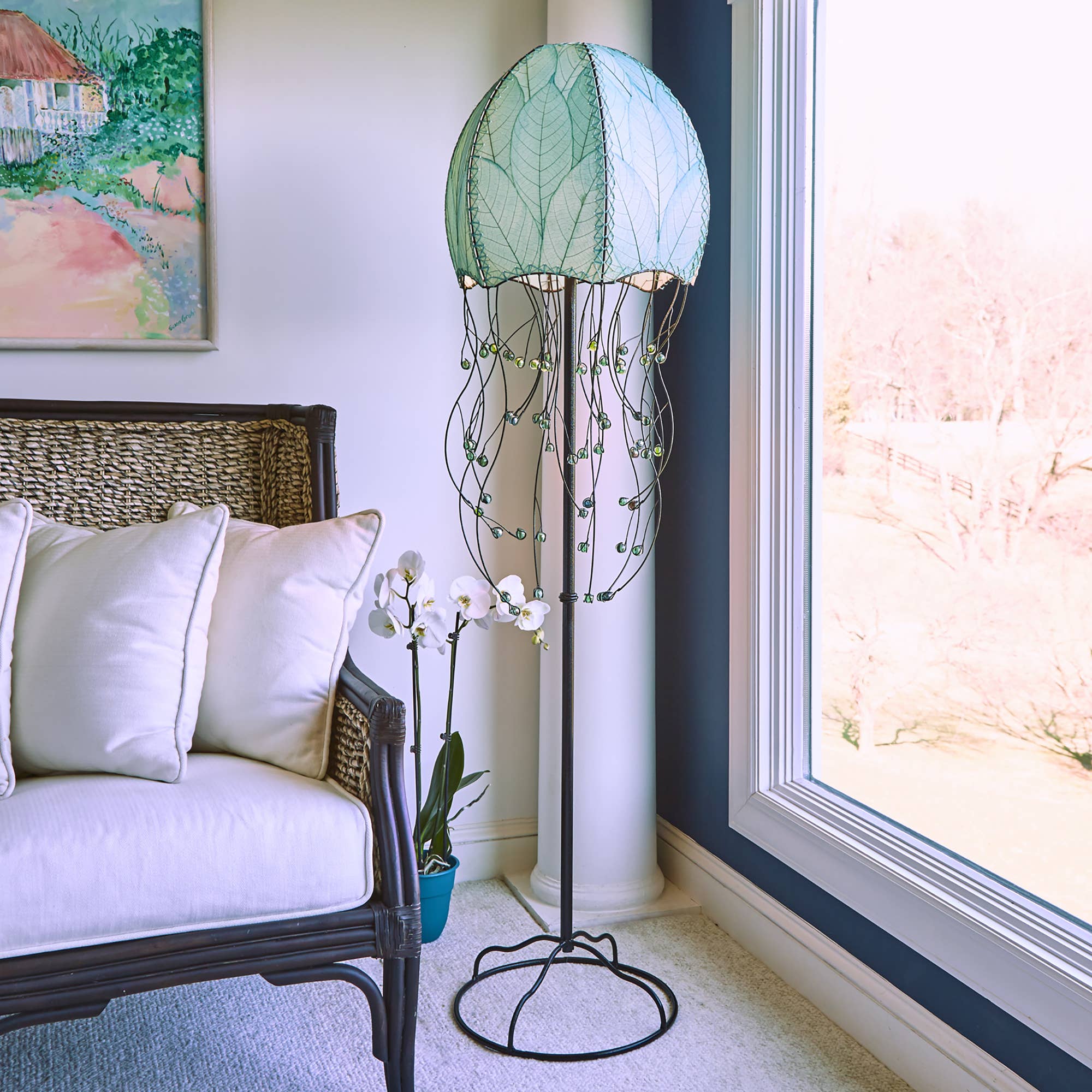 Eangee Home Design - Vente Lampes sur pied - Grande lampe Jellyfish bleu mer, abat-jour en feuilles de cacao2