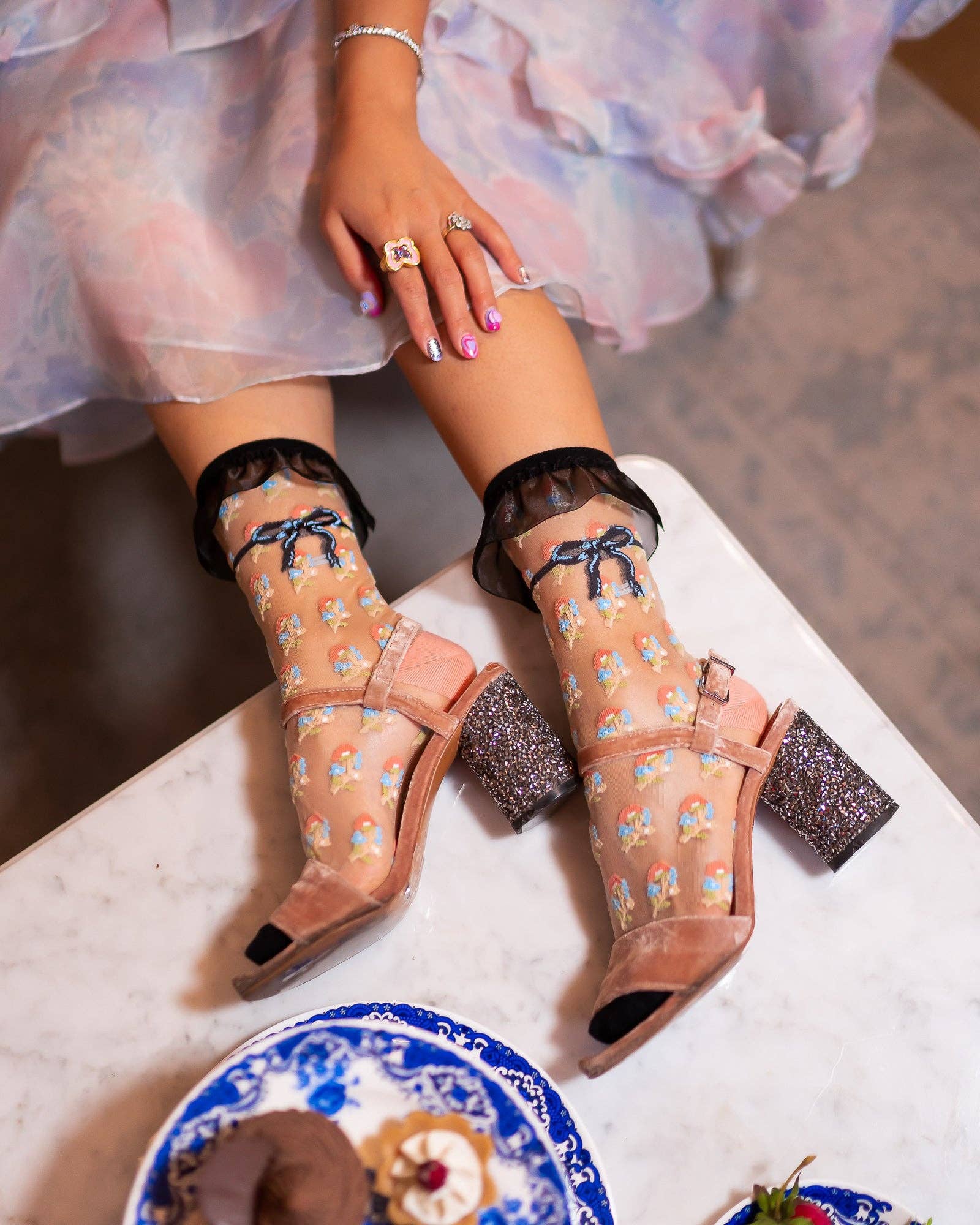 Sock Candy – wholesale Socks – Women's – Repeat Floral Ruffle Sheer Crew Sock2