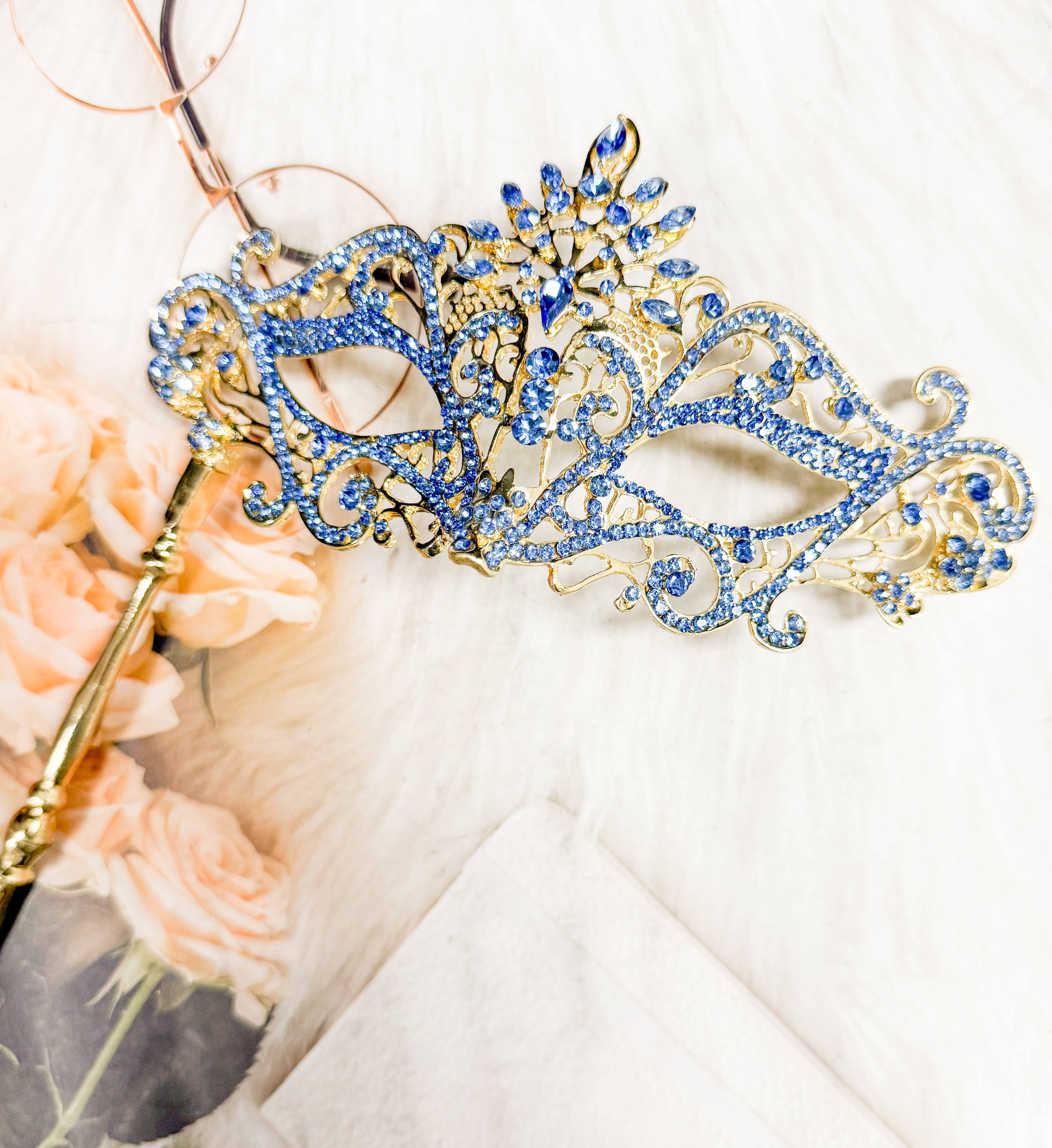Happy Dream Gifts – wholesale Costume – Women's – Blue Stone Handheld Masquerade Mask, Gold Masquerade Mask6